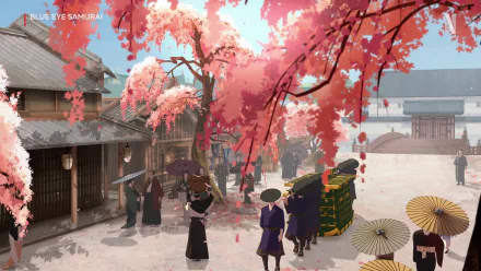 HD anime wallpaper depicting a blue-eyed samurai in a bustling village with vibrant pink cherry blossoms.