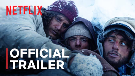 Society of the Snow Netflix Official Trailer HD Wallpaper featuring intense, snow-covered survival scene.
