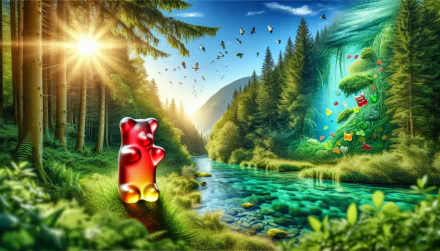 Giant red gummy bear in a magical forest HD desktop wallpaper with a river, sunshine, and flying gummy bears in the background.
