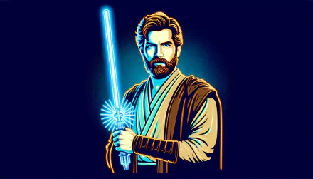 HD desktop wallpaper featuring stylized illustration of Obi-Wan Kenobi with lightsaber on a blue background.