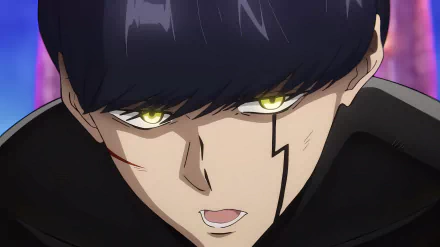 HD wallpaper featuring Mash Burnedead from Mashle: Magic and Muscles anime with intense gaze and magical backdrop for desktop background.