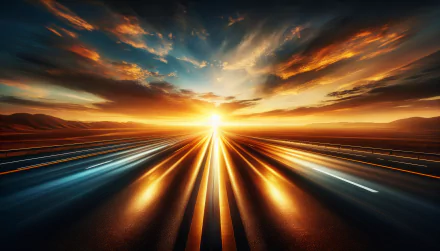 Stunning HD wallpaper featuring a highway leading towards a breathtaking sunset with vibrant sky colors.