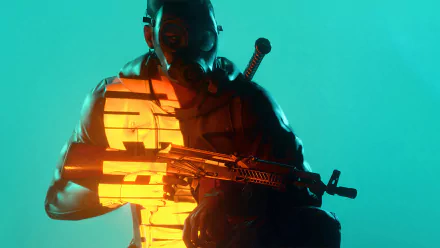 A vivid HD desktop wallpaper from the video game The Finals, featuring a masked character in a striking pose with a weapon, illuminated against a turquoise background.