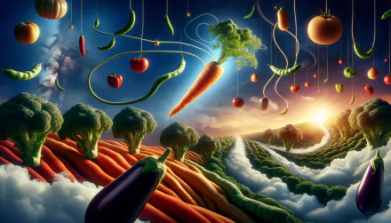 Fantasy vegetable landscape HD wallpaper featuring floating tomatoes, carrots, and broccoli with a surreal sunset background.