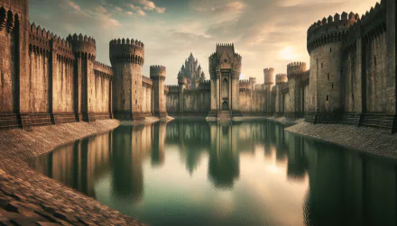 HD desktop wallpaper featuring a majestic castle with a serene moat under a warm, golden sky.