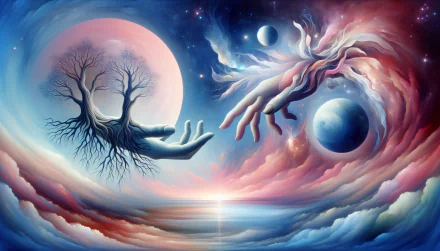 Surreal HD wallpaper depicting tree silhouettes reaching towards each other in a cosmic setting, symbolizing friendship, with vibrant colors and celestial bodies for a desktop background.