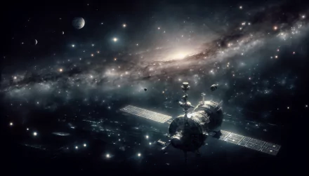 HD desktop wallpaper featuring an artistic depiction of a satellite orbiting a distant galaxy with a moon and stardust, tagged with space exploration.