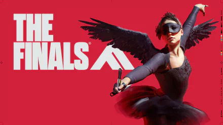 HD PC desktop wallpaper/background for the video game The Finals: masked black-winged ballerina in tutu strikes a dynamic pose with handgun against a bold red backdrop and The Finals logo.