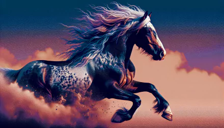 Majestic stallion galloping with flowing mane against a vibrant sunset sky, HD desktop wallpaper background.