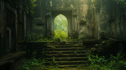 HD wallpaper of a serene ancient ruin overgrown with greenery, featuring moss-covered stairs leading to an arched doorway.