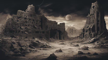 HD desktop wallpaper featuring a dramatic ancient ruins landscape with crumbling buildings under a dark, cloudy sky with a visible moon.