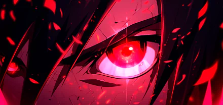 HD Wallpaper featuring a close-up illustration of the Sharingan eye from the anime Naruto, highlighting the character's intense gaze amidst a backdrop of crimson hues and dark shadows.