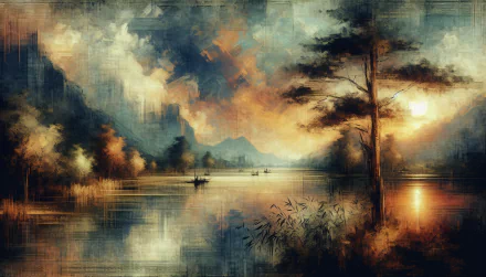 HD desktop wallpaper featuring an artistic impression of a serene lakeside scene at sunset with subtle brushwork and a warm color palette.