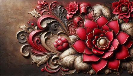 A vibrant red flower design with intricate patterns, set against a textured background, creating a stunning HD desktop wallpaper.