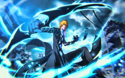 HD wallpaper of Ichigo Kurosaki from Bleach: Brave Souls video game with dynamic blue energy effects.