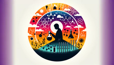 Colorful HD desktop wallpaper featuring a stylized chemistry theme with a silhouetted figure holding a flask, surrounded by icons and symbols of science and nature.