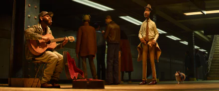 HD wallpaper featuring a scene from the animated movie Soul (2024) with characters performing music in a subway station.