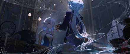 HD PC desktop wallpaper featuring Furina from Genshin Impact, depicted in a detailed, atmospheric scene with reflective water effects and intricate lighting.