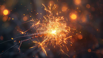 Illuminated sparkler emitting bright sparks against a bokeh background in HD desktop wallpaper.