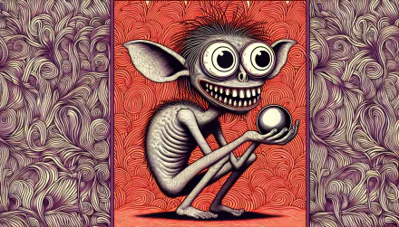 HD desktop wallpaper featuring a stylized illustration of Gollum with a wide-eyed expression, holding a precious orb against a patterned background.