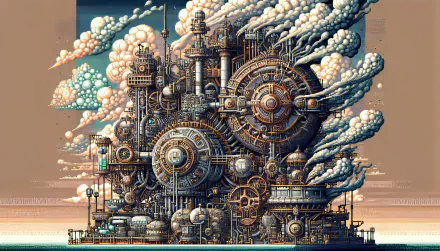 A stunning HD desktop wallpaper featuring a complex machine, complete with intricate gears and pipes, set against a backdrop of swirling clouds.