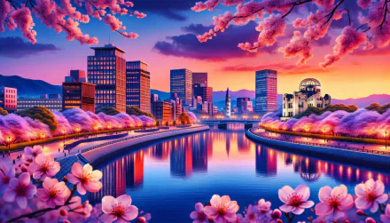 HD desktop wallpaper of Hiroshima skyline at sunset with cherry blossoms and river reflections.