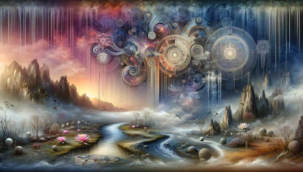 HD wallpaper featuring a mystical landscape with celestial gears, waterfalls, and a river flowing through a forest at sunset.