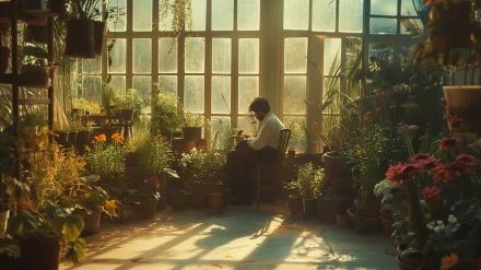 A serene gardening scene features a person sitting among vibrant plants in a sunlit greenhouse, creating an inviting HD desktop wallpaper and background.
