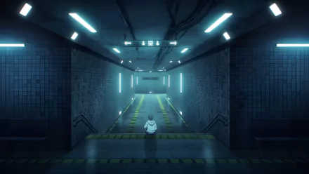 Anime-style HD wallpaper featuring Sung Jin-Woo from Solo Leveling walking down a futuristic, dimly lit corridor with blue lighting accents.