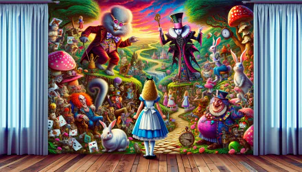 A vibrant HD desktop wallpaper depicting Alice in Wonderland, featuring Alice surrounded by whimsical characters and colorful landscapes, capturing the essence of this enchanting tale.