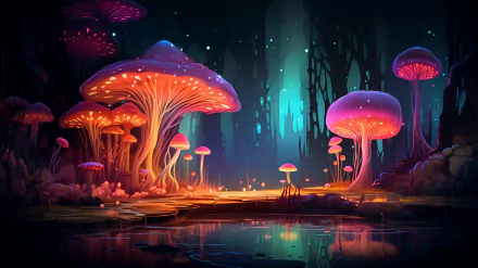 HD wallpaper of a fantasy forest with glowing bioluminescent mushrooms by a tranquil pond, creating an enchanting background scene.