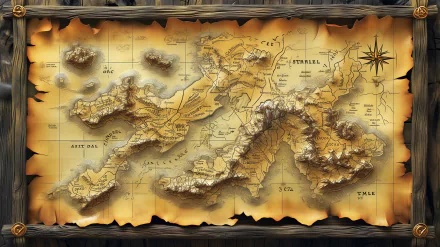 A detailed treasure map with rugged terrain and compass rose, showcased as an HD desktop wallpaper, featuring rich textures and an antique, adventurous feel.