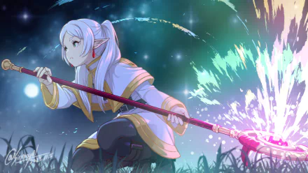 HD anime wallpaper featuring the character Frieren from 'Frieren: Beyond Journey's End' poised with her staff under a starry sky with magical effects.