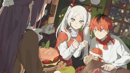 Anime-inspired HD wallpaper featuring Frieren and Stark from Frieren: Beyond Journey's End, celebrating with festive food and holiday cheer.