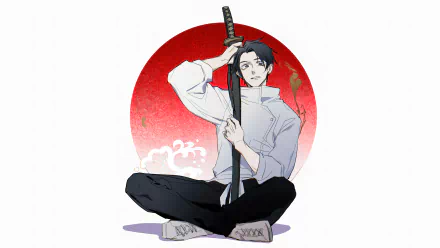 Anime character Yuta Okkotsu from Jujutsu Kaisen holding a sword, with a red and white background, HD desktop wallpaper.