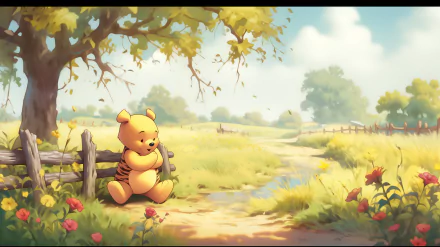 A serene HD desktop background featuring Winnie the Pooh sitting by a wooden fence, surrounded by lush green fields and colorful flowers, capturing the charm of the beloved TV show.