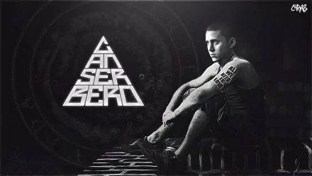 HD Hip Hop themed desktop wallpaper featuring an artistic representation of a man sitting with the Canserbero logo in the background.