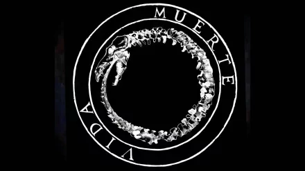 Alt Text: HD desktop wallpaper featuring a stylized ouroboros with the word 'MUERTE' above and 'VIDA' below within a circle, associated with music artist Canserbero, on a black background.