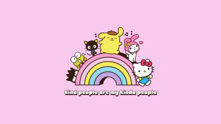 Hello Kitty and Friends HD desktop wallpaper with My Melody, Badtz-Maru, and Pompompurin on a rainbow, Sanrio characters background.