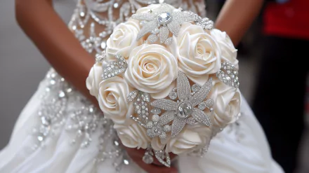 A stunning wedding bouquet featuring elegant white roses adorned with shimmering silver accents, captured in high-definition for a beautiful desktop wallpaper or background.