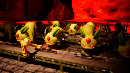 HD wallpaper of Palworld showing creatures resembling yellow rabbits working on a factory assembly line with a volcanic backdrop.