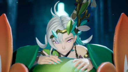 HD wallpaper of a mystical character from the video game Palworld, featuring a close-up view with an enigmatic expression and fantasy-themed elements.