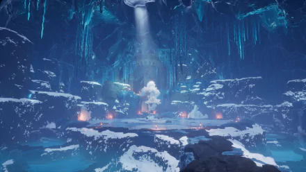 HD wallpaper of a mystical ice cavern from the video game Palworld, featuring glowing crystals, snow-covered ground, and an ethereal atmosphere.