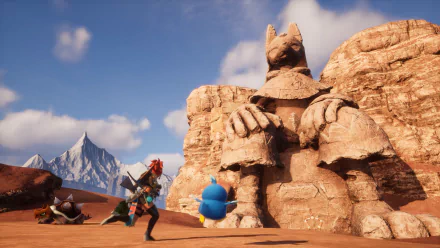HD desktop wallpaper featuring Palworld video game with character and creatures exploring a desert landscape.