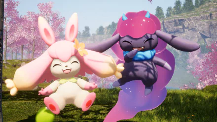 HD desktop wallpaper featuring two cute creatures from the video game Palworld, set against a peaceful backdrop with cherry blossoms.