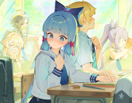 HD PC desktop wallpaper featuring Genshin Impact characters Kamisato Ayaka, Aether, Lumine, and Xiao in a bright, classroom setting.