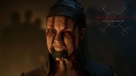 HD wallpaper of Senua's Saga: Hellblade II video game featuring intense character close-up for desktop background.
