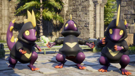 HD desktop wallpaper featuring three creatures from the video game Palworld in a castle environment.