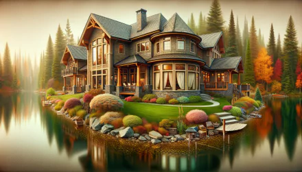 A stunning vacation home surrounded by lush greenery and colorful gardens, reflecting beautifully in the serene water, creating an idyllic HD desktop wallpaper.