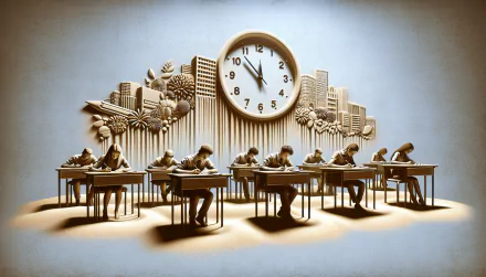 HD desktop wallpaper featuring an artistic representation of students taking an exam with a clock and cityscape in the background, symbolizing time management and education.
